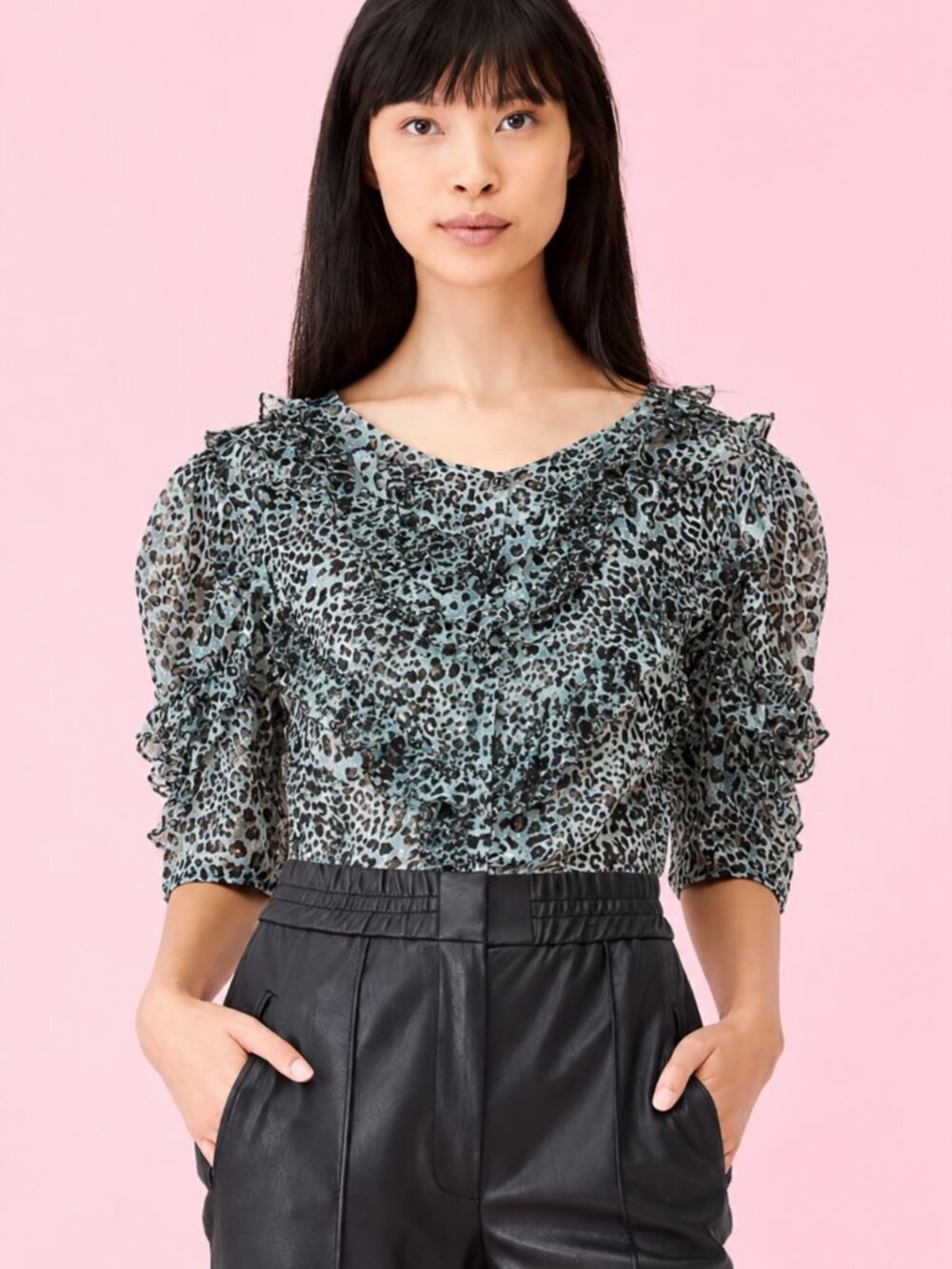 Rebecca Taylor Lynx‎ Silk Burnout Ruffle Sheer Top | Light Sage Blue SZ 8
